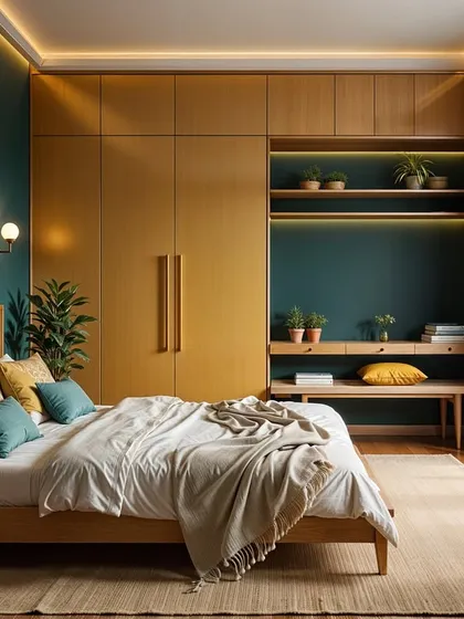 A master bedroom concept with bold teal walls and butter yellow wardrobes, creating a space that is sophisticated and full of personality.