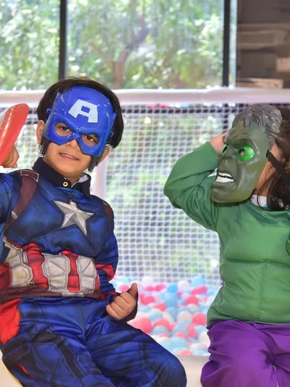 When superheroes unite, it's always an epic party. Here, Captain America and the Hulk get ready for an adventure in our play area during a superhero-themed celebration.