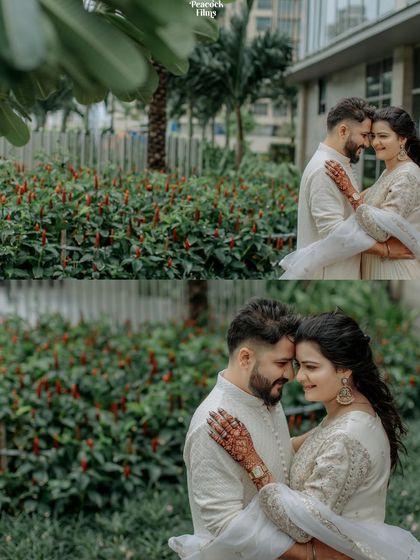 A collage of tender pre-wedding moments. These portraits capture the couple's loving gazes and gentle embraces amidst a garden of red flowers.