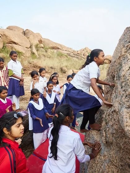 The highlight of the Bengal Boulder Fest was hosting a CLAW session for the local village schoolgirls. Here, one of the girls tries climbing for the first time.