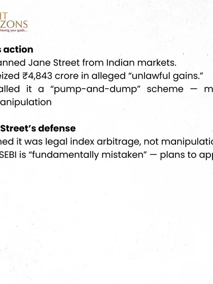 This slide from our bulletin details SEBI's action against Jane Street, including the ban and seizure of gains, and Jane Street's defense. This provides a balanced overview of a significant market event.