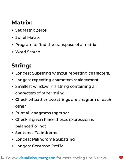 Common DSA interview questions covering Matrix and String manipulation, including word search, spiral matrix, and finding the longest substring.
