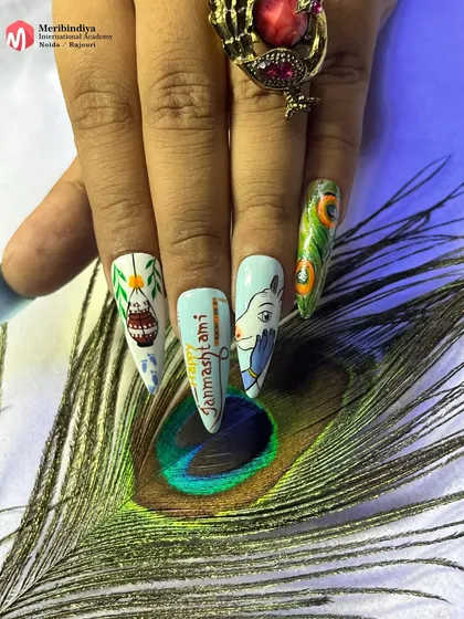 Master the art of festive nail designs that are always in demand. This Janmashtami-themed nail art showcases detailed character work and symbolic motifs, a technique you will learn in our creative workshops.