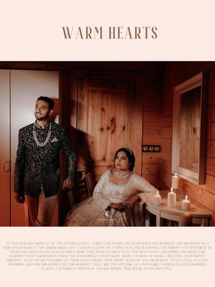 A portrait titled "Warm Hearts," showing the couple in a golden, candlelit room, with a beautiful story about their connection.