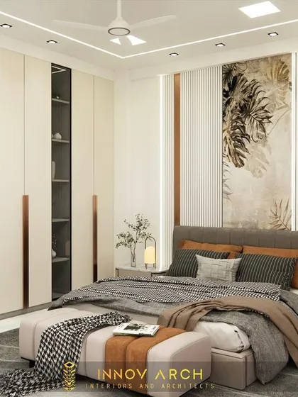 This render of the Noida Sector 19 master bedroom showcases the full view, including the spacious wardrobe with glass and laminate shutters. The design is a perfect balance of elegance, minimalism, and functionality.