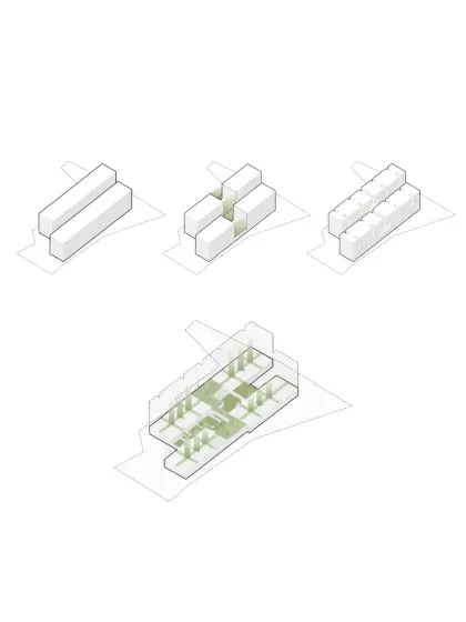 A conceptual diagram illustrating the strategy for Aurum Avenue. We broke down the typical housing block into smaller, interconnected units to create shared community spaces and ensure better light and ventilation for each home.