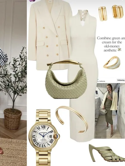 Another take on the "Old Money" aesthetic, combining green and cream. This look pairs a classic cream blazer with a simple dress and high-quality accessories like a woven bag and gold watch.