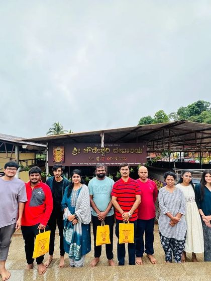 Our group after a satisfying darshan at the Sigandur Chowdeshwari Temple. It's a blessing to guide fellow devotees on these trips.