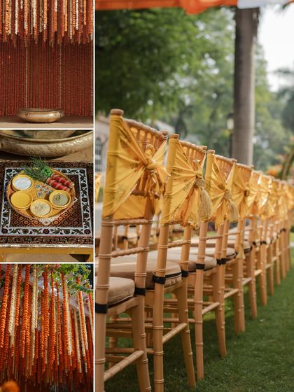 A collage of Haldi details, including the traditional pooja thali, marigold strings, and guest chairs adorned with yellow sashes.