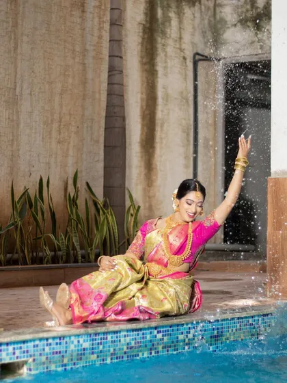 A fun and candid shot by the pool. This shows that my bridal makeup is not only beautiful but also durable and water-resistant.