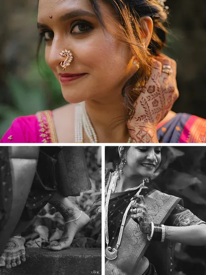 A collection of details that define the Maharashtrian bridal look. The collage features a close-up of the bride's smile, her feet adorned with mehndi, and her elegant saree and jewelry.
