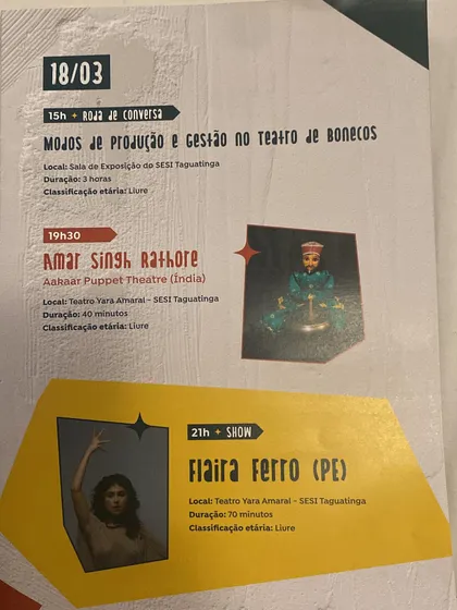 The schedule from the festival in Brazil, listing our show 'Amar Singh Rathore'. This historical tale is a classic of Rajasthani puppetry.