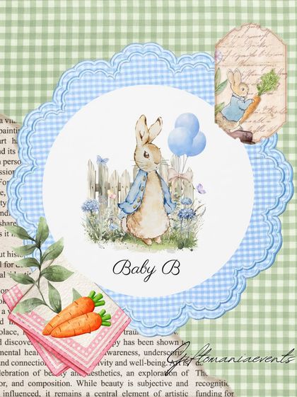 A sweet graphic for 'Baby B' with a Peter Rabbit illustration, used for digital invitations or as part of the event's stationery.