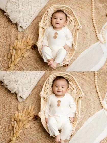 A collage of two overhead shots from a boho-themed sitter session, showing the baby's happy and content expressions.