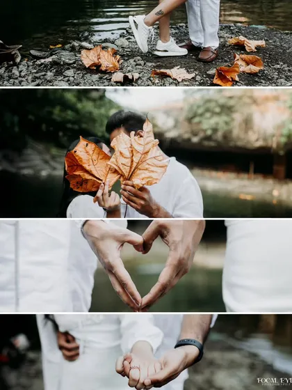 A creative collage focusing on the small details of a couple's connection. It features shots of their hands forming a heart, holding hands, and a playful moment hiding behind autumn leaves.