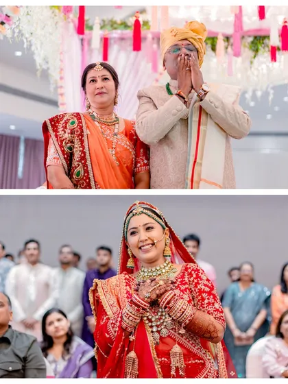 The bride and her parents share a moment of prayer and emotion. These family-centric shots are a crucial part of the wedding story we tell.