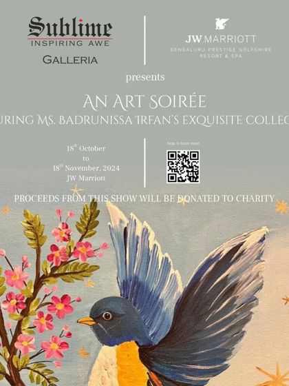 The invitation for 'An Art Soirée' featuring the exquisite collection of Ms. Badrunissa Irfan, with proceeds donated to charity.