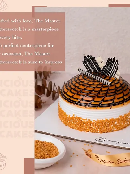 Our Butterscotch cake is a masterpiece of flavor and texture. It features a beautiful web of caramel and chocolate over a dome of light sponge, with crunchy butterscotch bits around the base for a delightful finish.