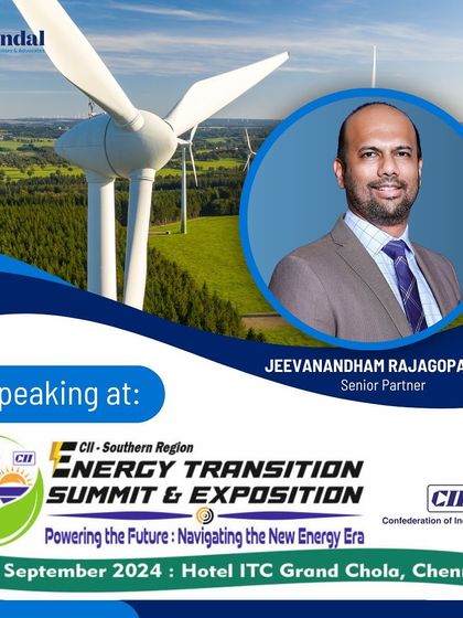 This promotional graphic announces our Senior Partner, Jeeva Rajagopal, as a speaker at the CII-SR Energy Transition Summit. The session focused on facilitating financing and investment in the new energy era.