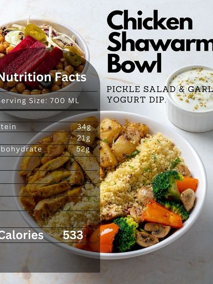 Our Chicken Shawarma Bowl is a fan favorite. With 34g of protein and only 533 calories, it's a perfectly calorie-counted meal that's packed with flavor, complete with pickle salad and a garlic yogurt dip.