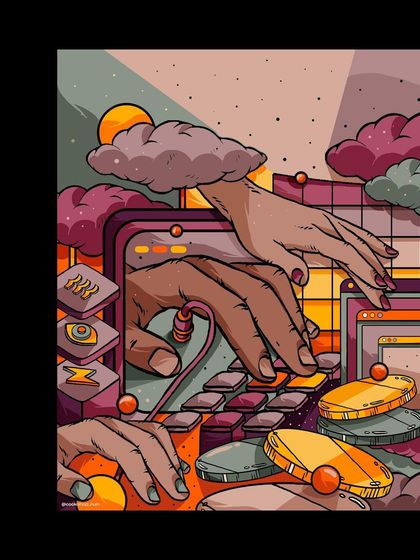 The digital artwork for the engineering mural. It features multiple hands interacting with surreal interfaces, symbolizing collaboration and technological creation.