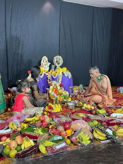 A photo from our annual Saraswati Pooja, where we seek the blessings of the goddess of knowledge and arts. The entire Kalakutumba comes together for this celebration.