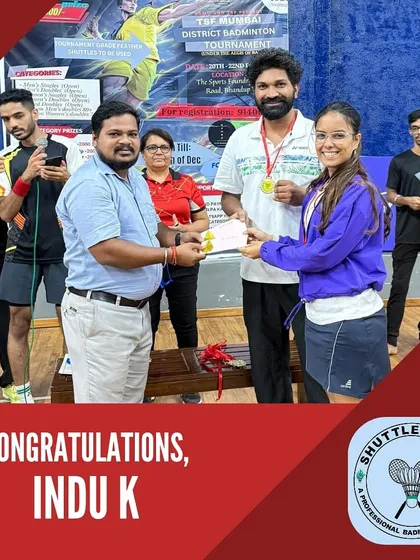 Indu K celebrating her gold medal win in the Mixed Doubles Open Category at the Mumbai District Badminton Tournament. A brilliant performance.