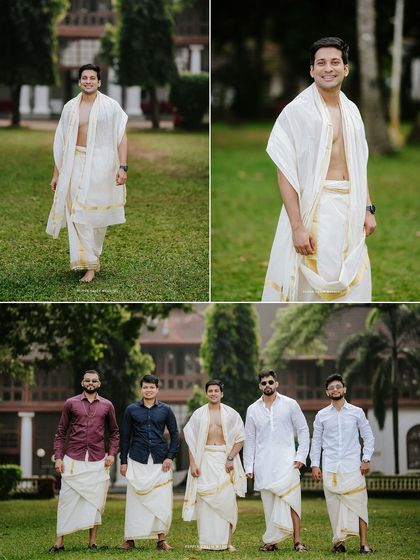 A collage of the groom's portraits, showing him alone and with his groomsmen, looking sharp in traditional attire.