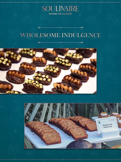 A collage of wholesome indulgence, featuring nut-stuffed dates and banana jowar cake. Our wellness menus are designed to nourish the body and energize the spirit.