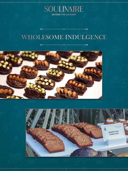 A collage of wholesome indulgence, featuring nut-stuffed dates and banana jowar cake. Our wellness menus are designed to nourish the body and energize the spirit.