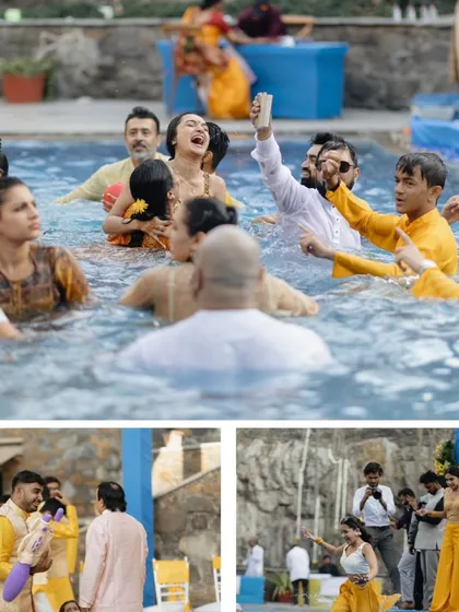A collage showing the unique and fun-filled pool party that followed a Haldi ceremony, with guests joyfully celebrating in the water.