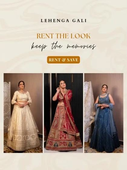 Rent the look, keep the memories. This collage showcases a variety of our bridal lehengas, from a classic red to an elegant ivory and a deep blue, proving we have a dream lehenga for every bride.