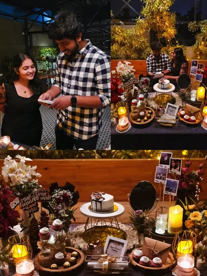This collage captures the essence of our romantic surprises. A couple enjoying their personalized setup, with photos, gifts, and a beautiful cake.