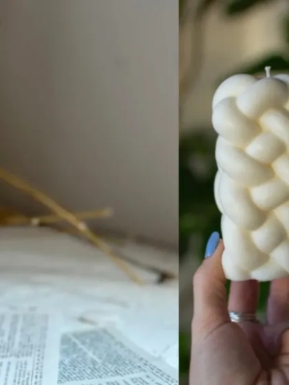Another collage showcasing the aesthetic appeal of the knotted weave candle.