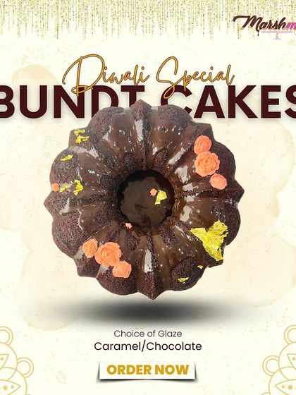 Celebrate Diwali with this special bundt cake. It comes with your choice of a rich chocolate or an indulgent caramel glaze, decorated to be a festive centrepiece.