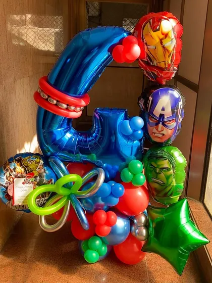 Another look at the Avengers-themed birthday bouquet. I always add fun details like twisted balloon accents to make each piece unique.