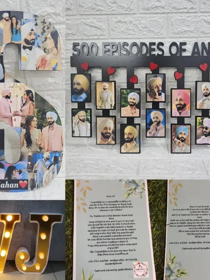 A composite image of all the gifts sent to celebrate 500 episodes, including the frames and letter lights.