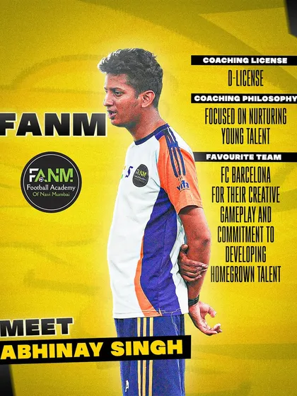 This is Abhinay Singh, a D-Licensed coach focused on nurturing young talent. Inspired by FC Barcelona, he is committed to developing homegrown players with creative gameplay.