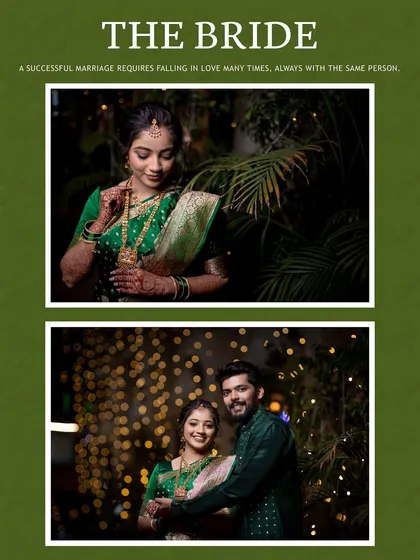A collage featuring the bride and the couple together, set against a rich green theme.
