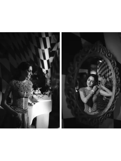 A black and white diptych of the bride getting ready. These artistic shots capture the quiet moments of preparation and reflection before the festivities.