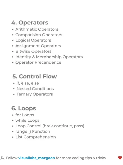 Part two of the Python Cheatsheet, detailing operators, control flow like if else statements, and loops for and while.