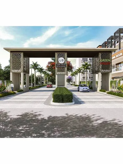 The main entrance gate for the Green Valley housing development. We believe an entrance should establish the identity of a community, and this design uses modern lines and decorative screens to create a welcoming and memorable first impression.