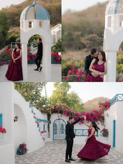 A collection of romantic moments from their shoot. It shows them dancing, embracing, and sharing quiet looks, all surrounded by beautiful architecture and vibrant bougainvillea.