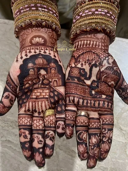The final result: a deep, rich, and beautiful henna stain. I use only the highest quality natural henna paste to ensure your mehendi develops into this stunning dark maroon color, a true mark of bridal celebration.