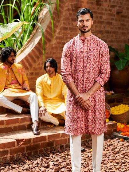 Modeling a printed red kurta for Hanger Bangalore. This look is ideal for festive gatherings, combining traditional patterns with a contemporary fit.