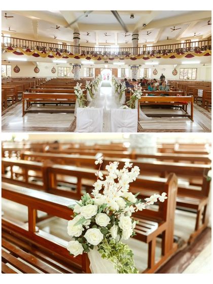A wide view of the church interior before the ceremony. The decorated pews and the vast, open space create a sense of peace and anticipation for the sacred event.