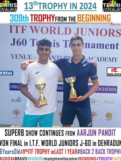 Superb show from Aarjun Pandit, winning the final of the ITF World Juniors J-60 tournament in Dehradun. At 16 years old, this was his 11th ITF trophy in the last year alone.