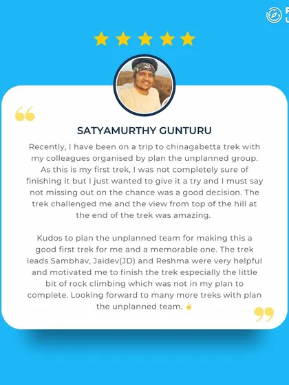 Satyamurthy's review of his first-ever trek with his colleagues. He was not sure he could finish, but our helpful and motivating trek leads made it a memorable experience.