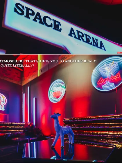The atmosphere shifts you to another realm, quite literally. Neon signs for the 'Space Arena' and 'Cocktails' bar set the futuristic tone for this out-of-this-world youngsters' party.