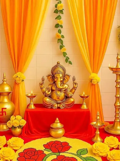 A classic and elegant Ganpati mandap for a home celebration. The setup features a beautiful brass Ganesha idol, warm yellow and orange drapes, and traditional brass diyas and kalash to create a space that feels both grand and deeply devotional.